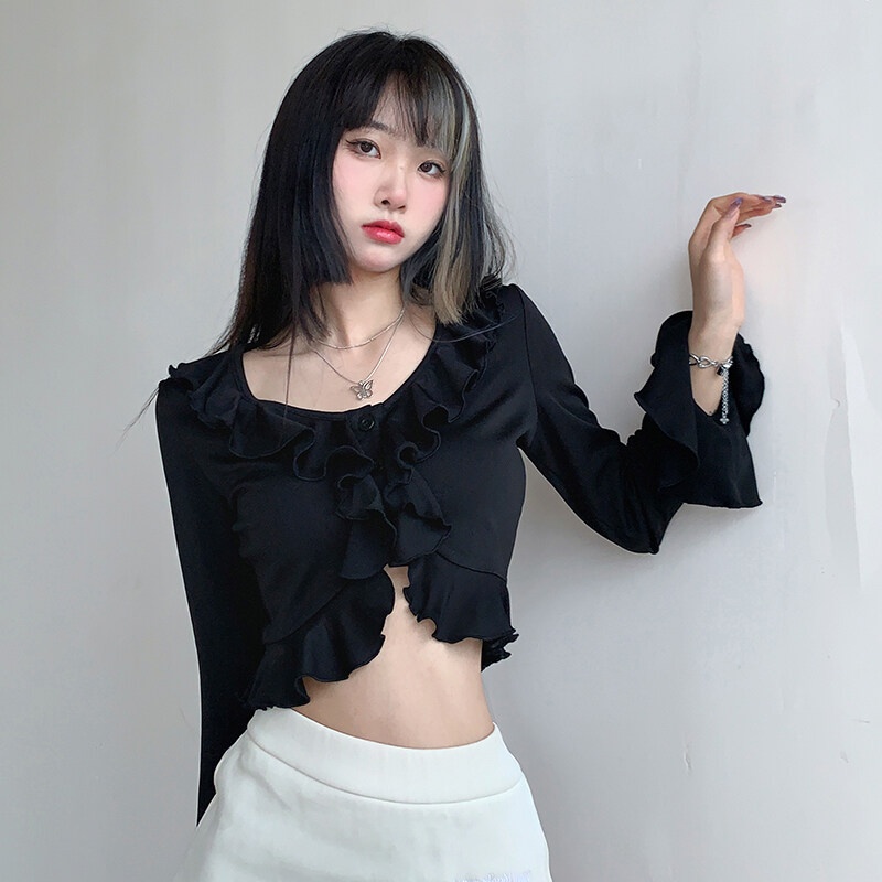 Kliou 2023 Mới vào mùa hè Áo Crop Top Tay Dài Loe Cổ Chữ V Phối Bèo Phong Cách Pháp Thanh Lịch Thời Trang 2022 M 'V O M A H