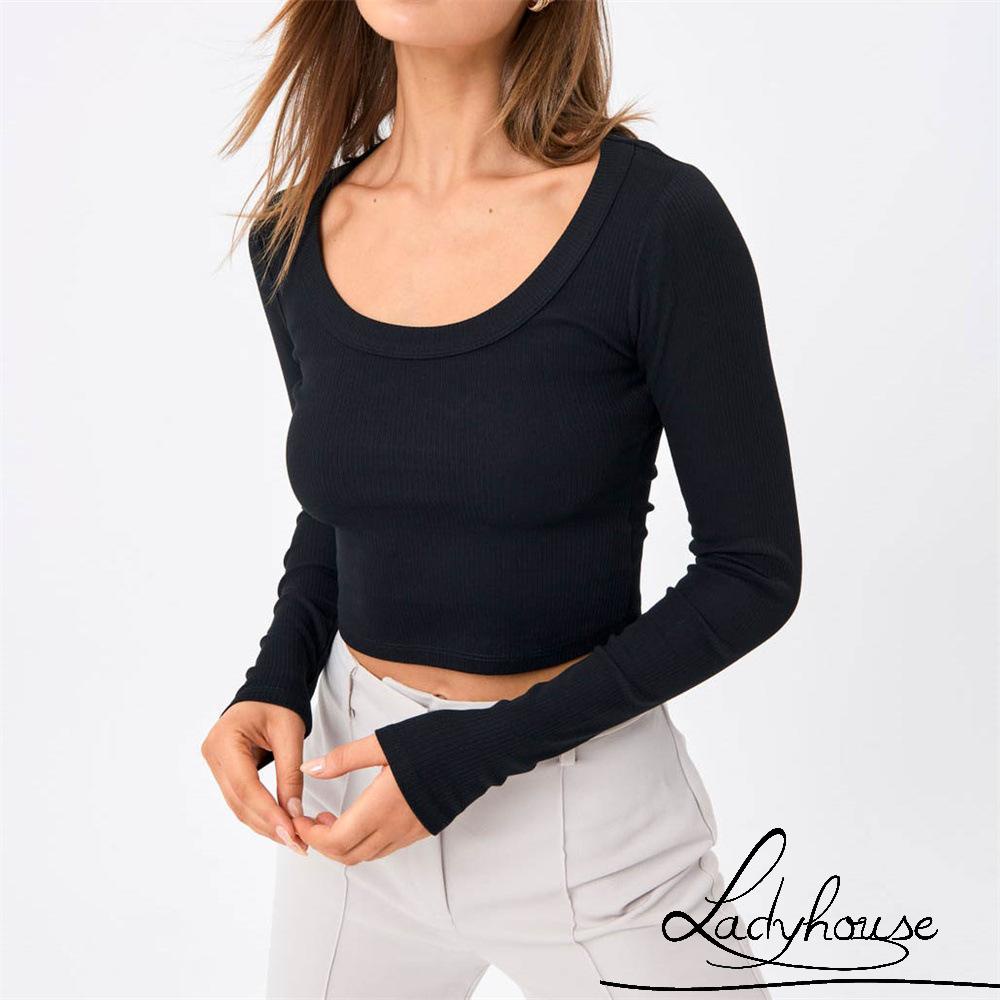 Áo Croptop Tay Dài Màu Trơn Cổ Xẻ Ôm Dáng Thời Trang Xuân Thu Cho Nữ