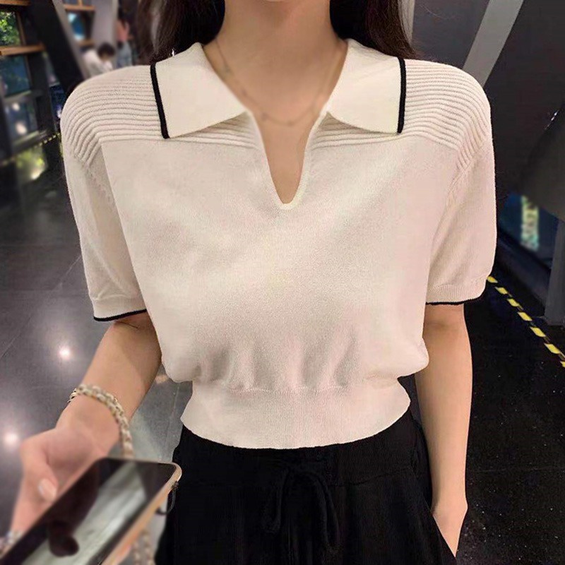 Áo Thun Dệt Kim Tay Ngắn Cổ Bẻ Đơn Giản Phong Cách Retro Mùa Hè Cho Nữ