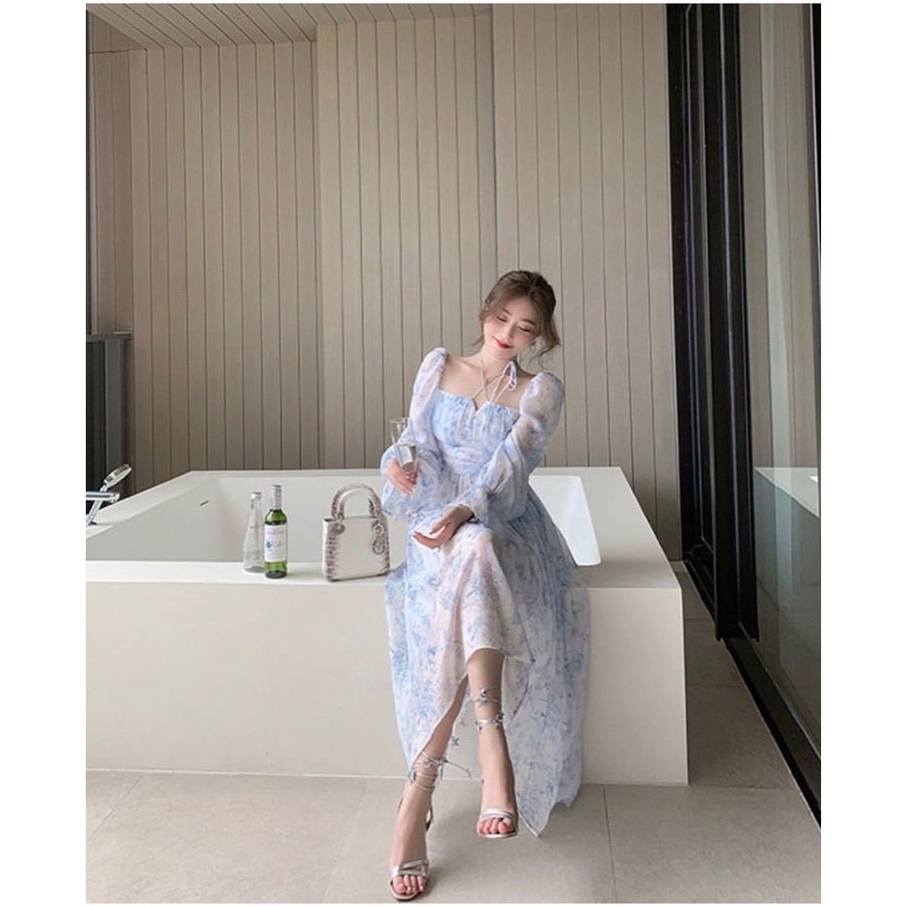 Đầm maxi hoa xanh cổ vuông dây chéo cổ , bo chun lưng sau phong cách XUKA DRESS