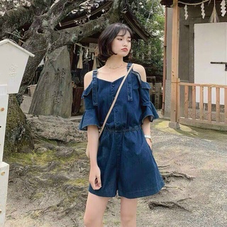[sẵn-clip thực tế] JUMPSUIT DENIM HÀNG VNXK trễ vai tay loe duyên dáng
