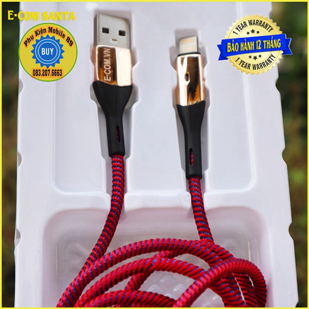 Dây Sạc iphone Santa Tự Ngắt - Đèn LED - BH 12TH CHính Hãng E-Santa Dây sạc Bọc Dù iphone android cáp iphone 12w dài 2m