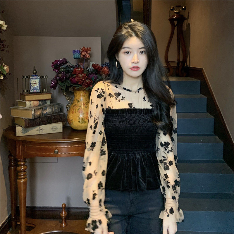 Áo kiểu ngắn phối nhung hoa dài tay gợi cảm cho nữ