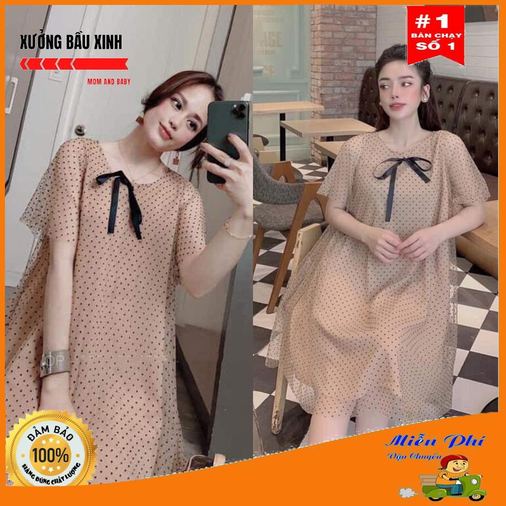 Váy bầu thời trang thiết kế mẫu M102 chất Voan hai lớp freesize từ 45 đến 70kg