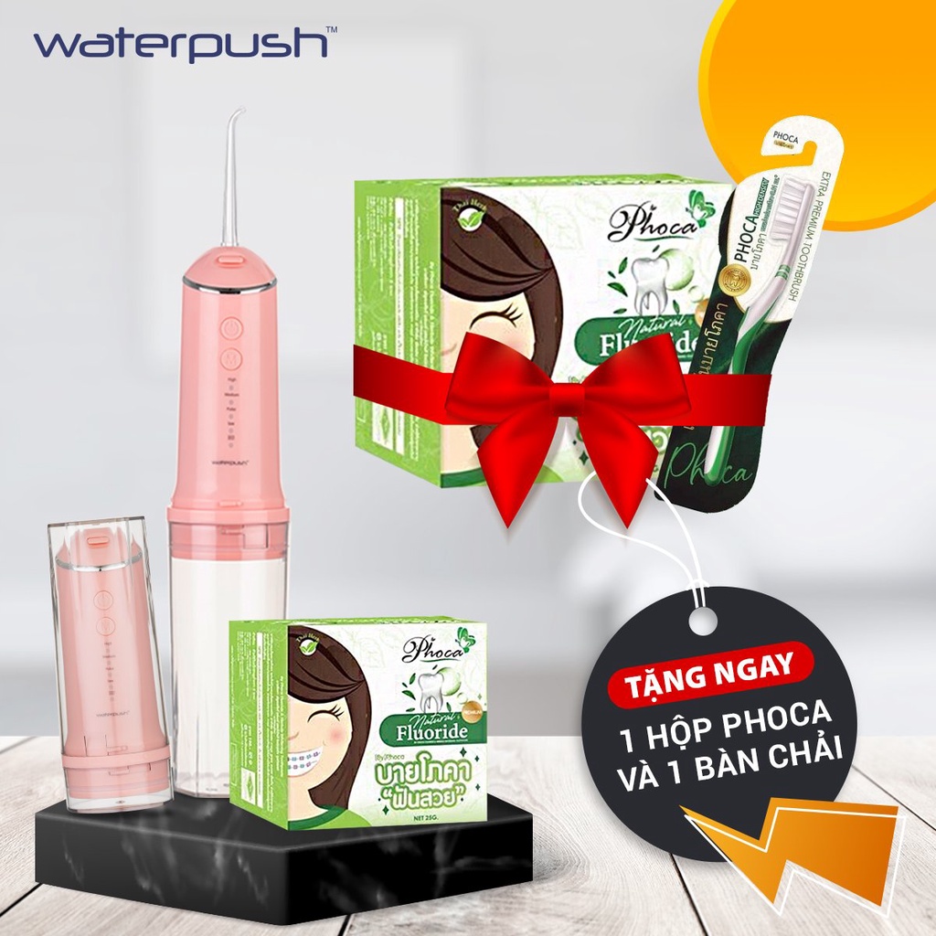 Combo Máy tăm nước Du Lịch WaterPush 1903 màu Hồng + Kem đánh răng Phoca chính hãng Thái Lan