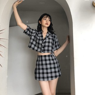 [FREESHIP] SET ÁO SƠ MI CROPTOP KẺ CARO + CHÂN VÁY CHỮ A HOT - SET ÁO CROPTOP CỔ VEST FORM RỘNG 9 MÀU | MÃ A451