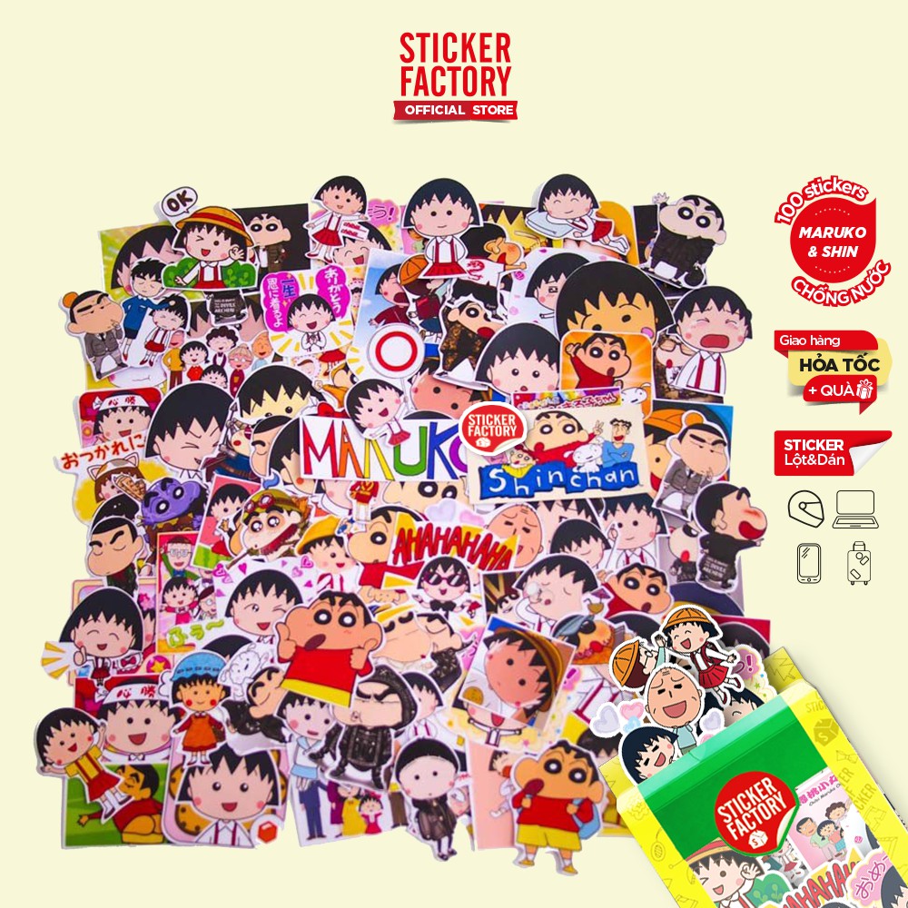 Maruko and Shin - hộp set 100 sticker decal hình dán trang trí nón bảo hiểm , laptop, xe máy, ô tô - STICKER FACTORY