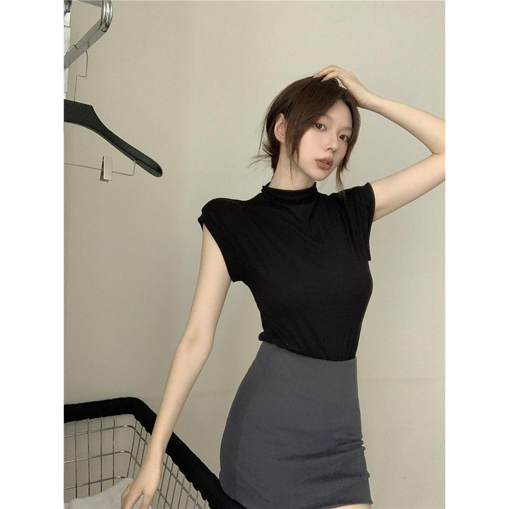 Áo Thun Ngắn Tay Cổ Cao Ôm Dáng Thời Trang Dành Cho Nữ