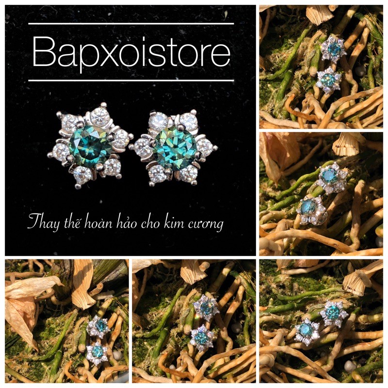 Bông tai Viên chủ Moissanite 4,0ly xanh/trắng vàng ĐỘC ĐÁO CÁ TÍNH