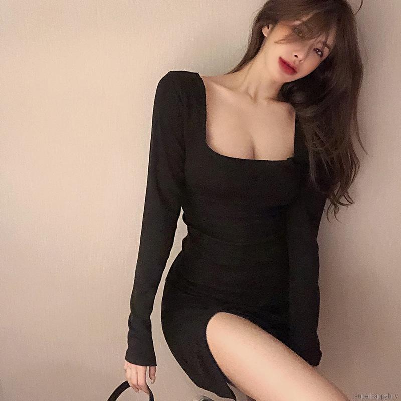 Đầm body mini tay dài lưng eo cao xẻ tà màu trơn tôn dáng dành cho nữ