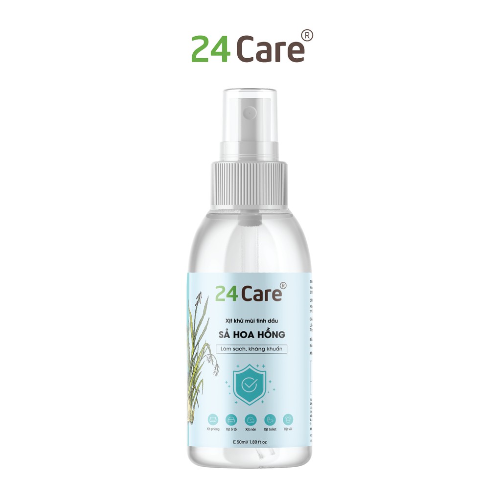 Xịt Phòng Tinh Dầu Sả Hoa Hồng Hữu Cơ Organic 24Care 50ML - Kháng khuẩn - Khử mùi hôi - Đuổi muỗi, côn trùng - Thơm tho