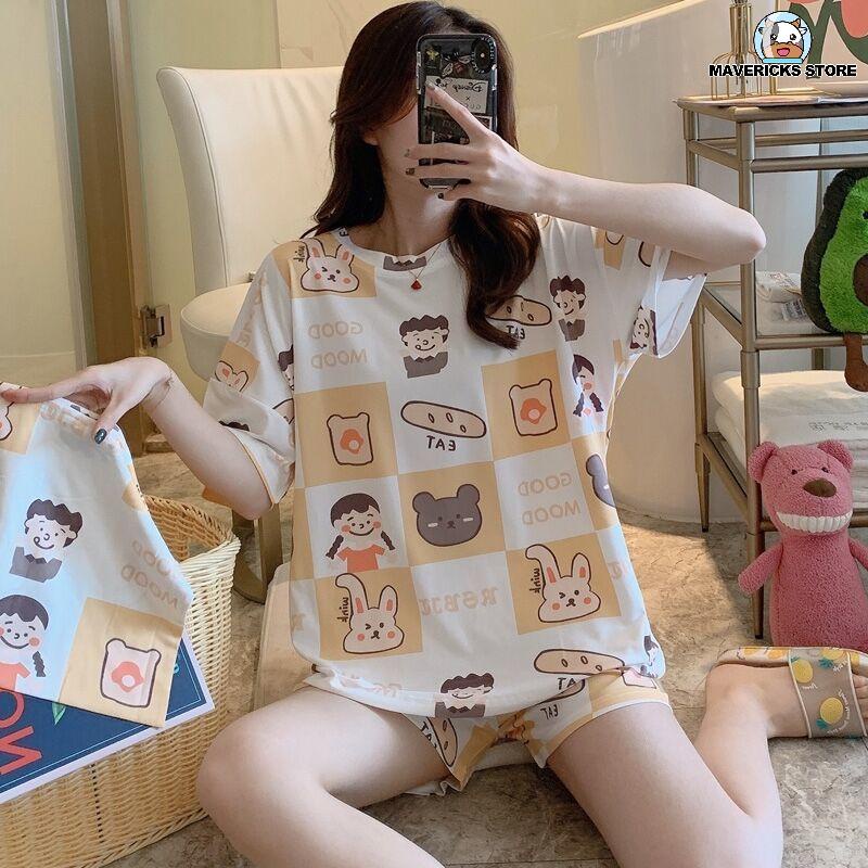 Bộ đồ ngủ ngắn tay thời trang mùa hè dễ thương dành cho nữ
