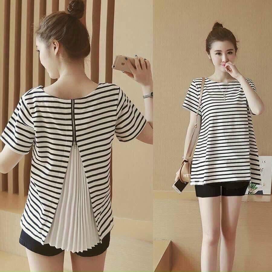 Áo bầu thời trang cộc tay, thun cotton kẻ khóa sau