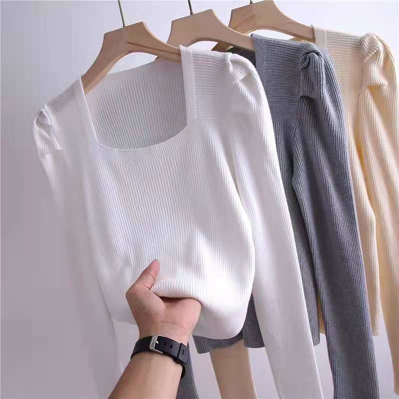 Áo sweater Dệt Kim Cổ Vuông Tay Phồng Thời Trang Thu Đông Mới