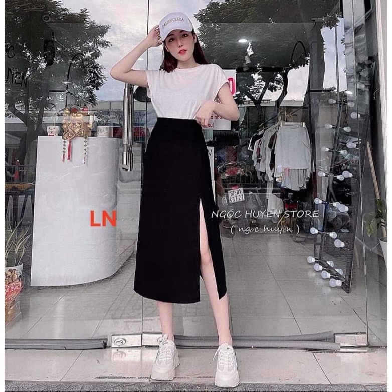Sét áo phông trơn + chân váy xẻ DA6