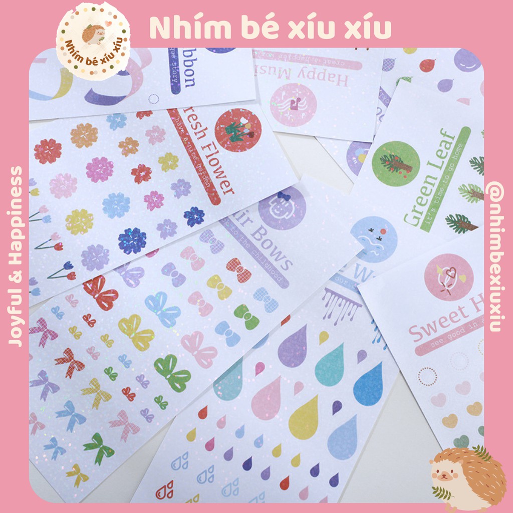 Sticker lấp lánh bling bling nhiều họa tiết ruy băng, trái tim, nốt nhạc, hoa lá VT74