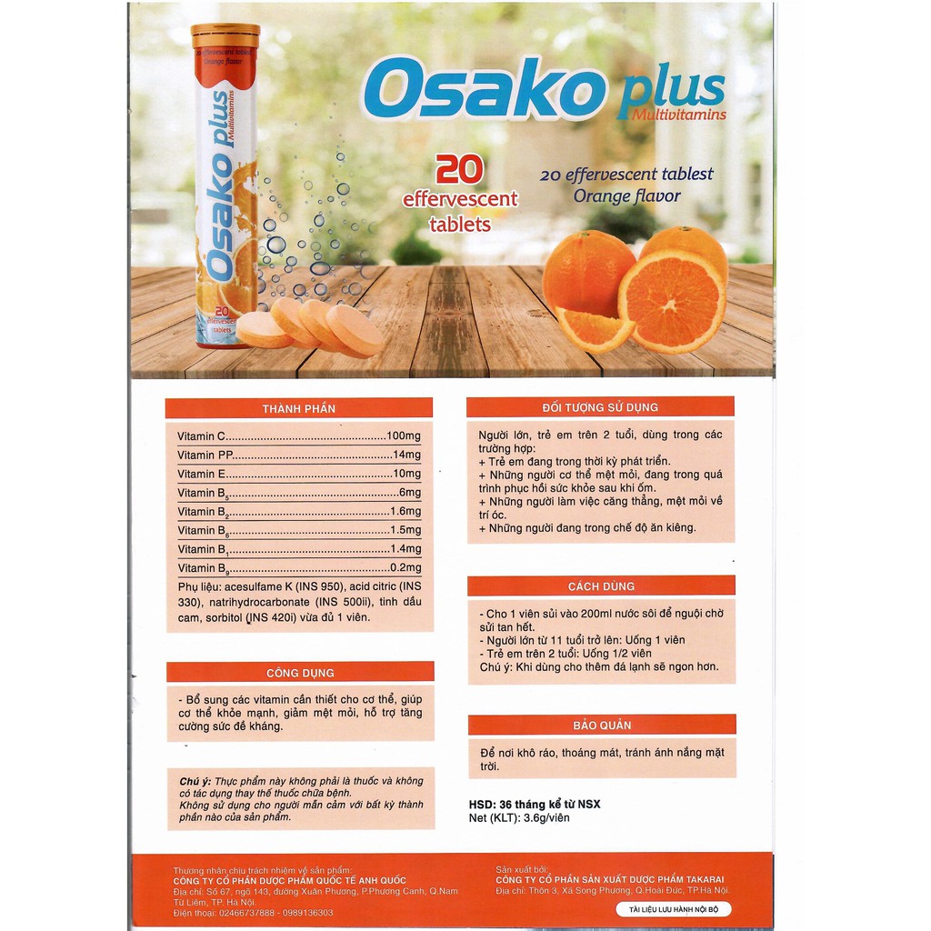 Osako Plus Multivitamins - Viên sủi vị cam tự nhiên giúp bổ sung vitamin C tăng cường sức đề kháng (20 viên)