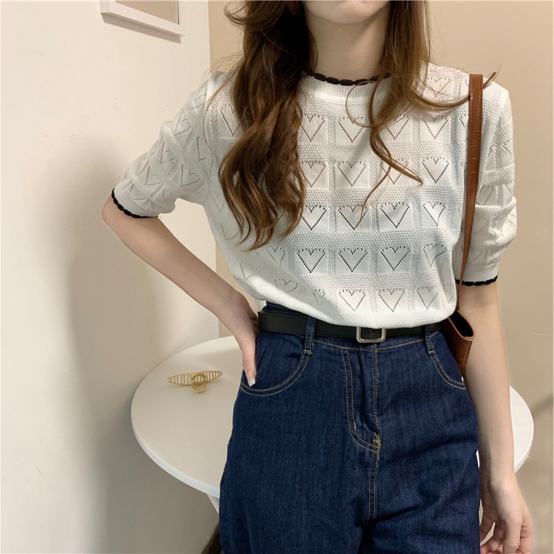 Áo thun ZHELIHANGFEI dệt kim tay ngắn phong cách Pháp thời trang mùa hè 2022 dành cho nữ