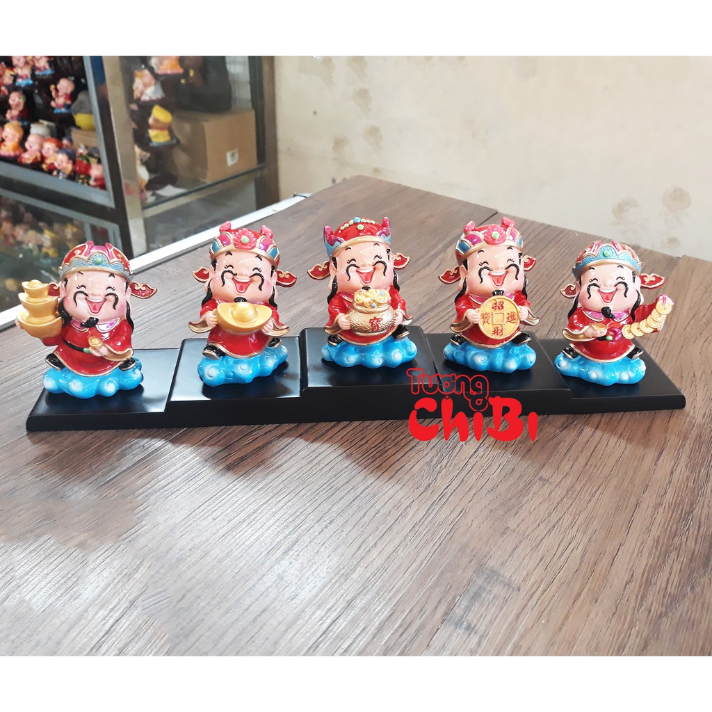 Bộ 05 tượng chibi Thần Tài may mắn 7.5cm kèm đế gỗ