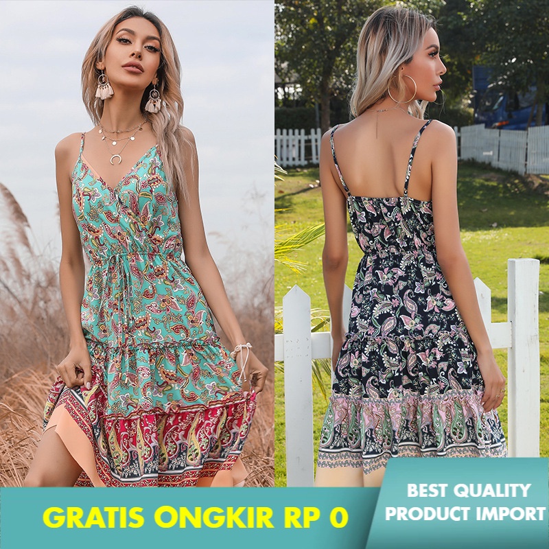 Đầm Chiffon Hai Dây Phối Ren Hoa Có Cọ Thắt Nút Dành Cho Nữ Nhập Khẩu