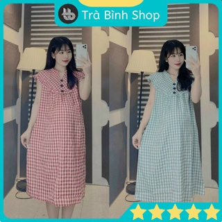 Đầm bầu form rộng họa tiết kẻ caro cổ tàu 3 khuy dọc dáng suông, váy bầu dáng suông kẻ caro