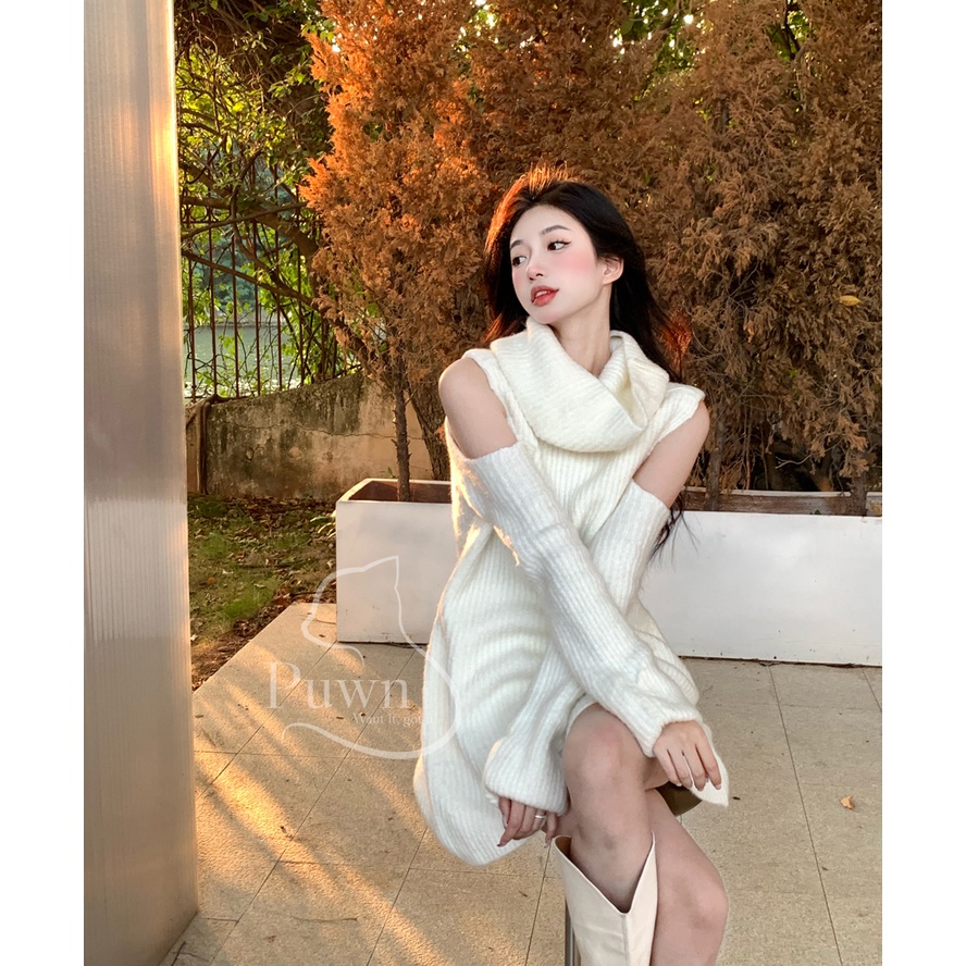 Váy len trắng cao cổ khoét vai trắng Giáng sinh Noel ấm áp Puwn Shop