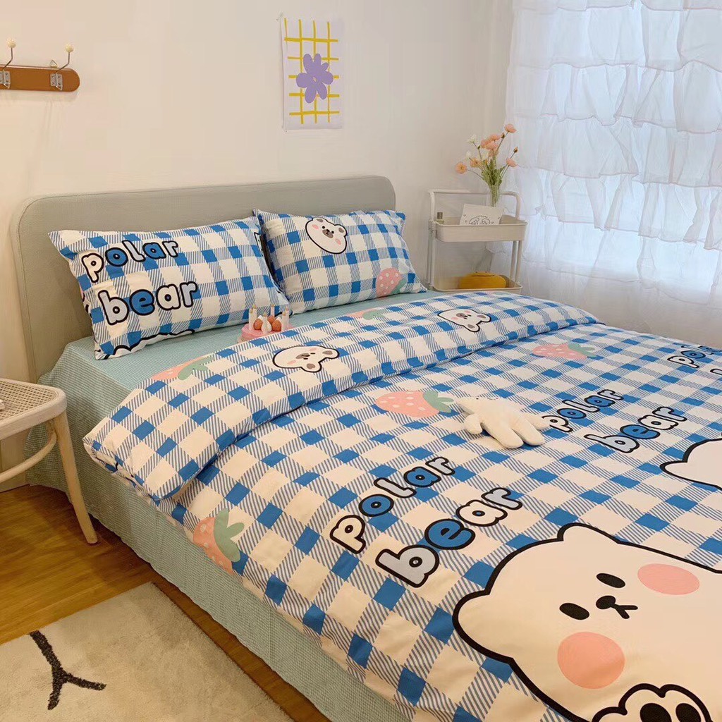 Bộ chăn ga cotton living  100% cotton- mẫu gấu xanh