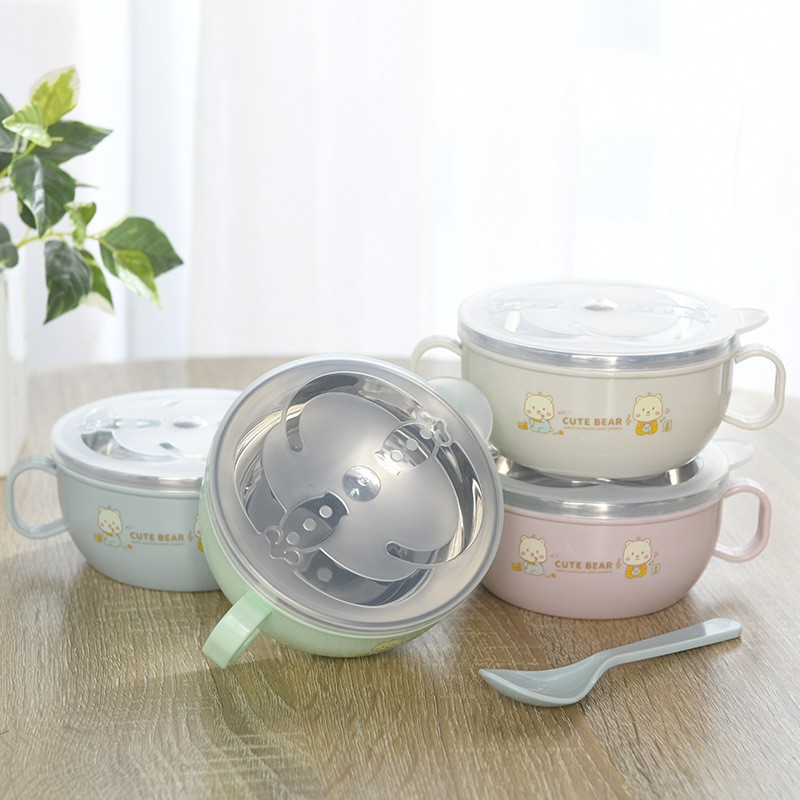 BÁT ĂN DẶM ⚡️FREESHIP⚡️ Bát Inox Ăn Dặm Kiss Bear Cách Nhiệt Tặng Kèm Thìa Tập Xúc