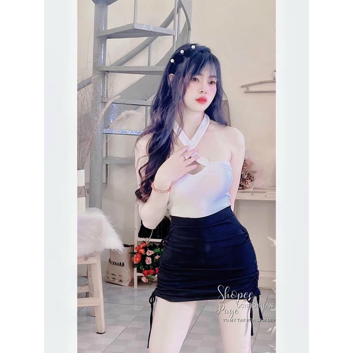 Sét bộ áo kiểu croptop chéo cổ trơn phối chân váy rút dây 2 bên cực xinh , chất thun gân mềm mịn