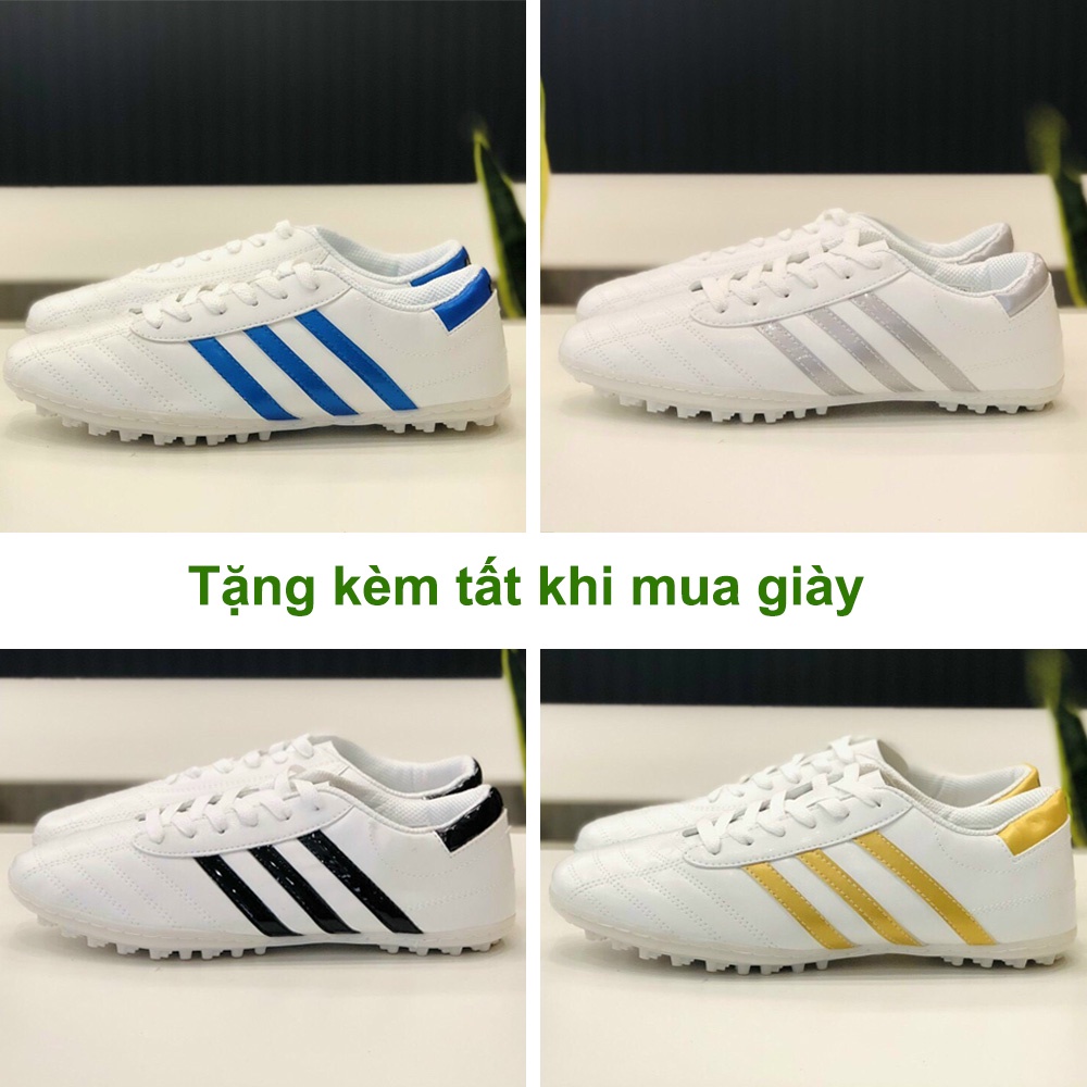 Giày đá bóng, Giày 3 sọc đá banh sân cỏ nhân tạo khâu đế giá rẻ, tặng kèm tất