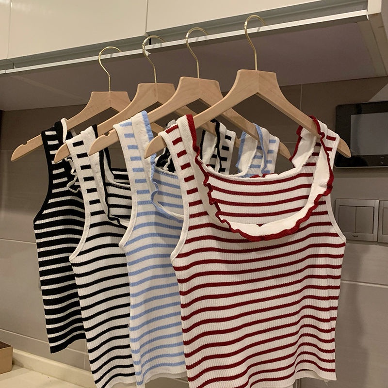 Áo Hai Dây Dáng Ôm Ngắn Phối Ren Họa Tiết Kẻ Sọc Phong Cách Hàn Quốc Quyến Rũ Cho Nữ