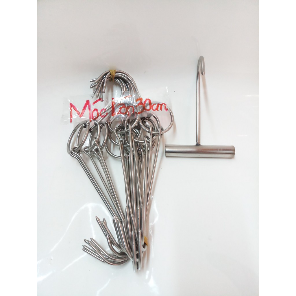 COMBO 10 MÓC QUAY THỊT INOX 4LY LỚN DÀI 30CM+1 MÓC CÁN CẦM INOX.
