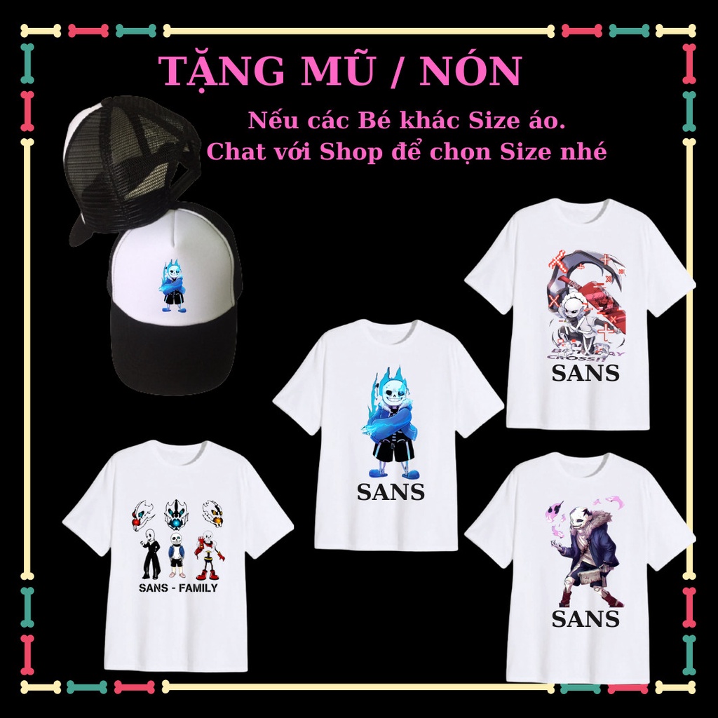 Combo 4 áo thun cộc tay Sans, Error Sans, Ink Sans trẻ em, kèm Mũ lưỡi trai Sans siêu ngầu.