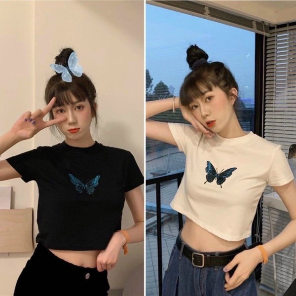 Áo Croptop tay ngắn thêu hình bướm siêu xinh. áo croptop cộc tay thêu bướm