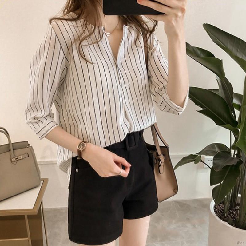 Áo sơ mi dài tay phối kẻ sọc form rộng duyên dáng sơmi nữ