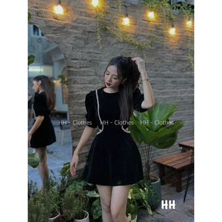 Váy nhung đính viền hở eo