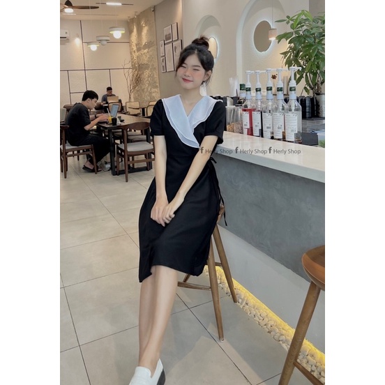 ĐẦM MIDI VÁY ĐẮP PHỐI CỔ TRẮNG