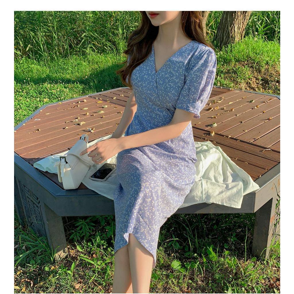 Đầm Voan Hoa Cổ V Thắt Dây Eo Thời Trang Quý Phái 63239