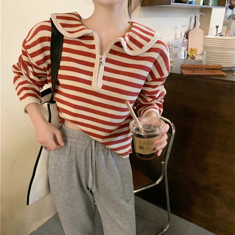 Áo polo tay dài dáng rộng kẻ sọc phối khóa kéo thời trang mùa thu phong cách Hàn Quốc | BigBuy360 - bigbuy360.vn