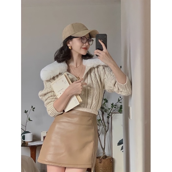 Set Áo Khoác Len Cổ Lông Winter Sweater + Chân Váy Da Lót Lông Cừu Chất Dày Dặn Siêu Ấm Áp Cho Nữ