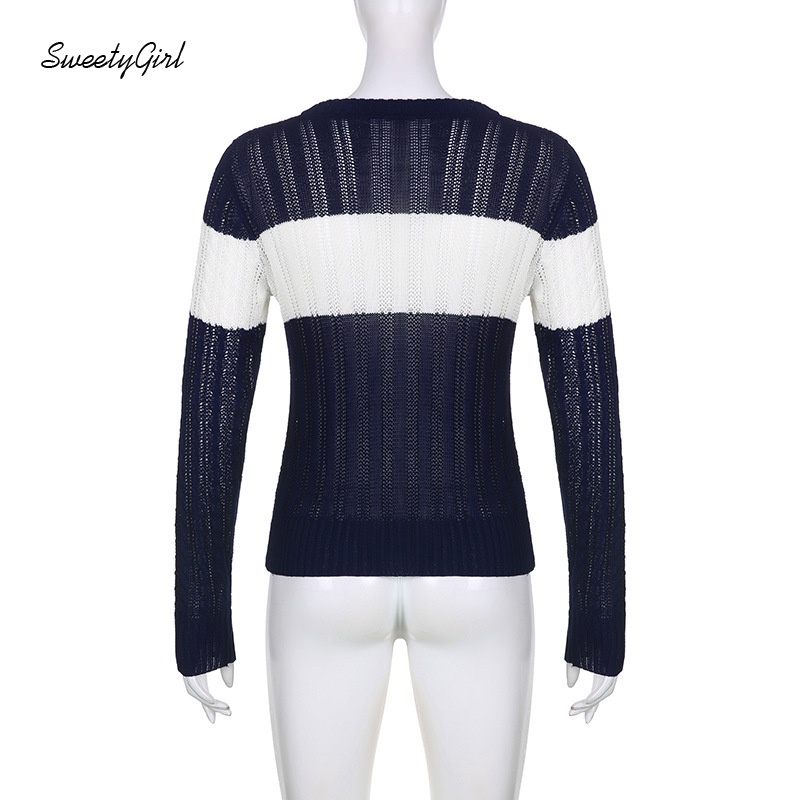 Áo Sweater Dệt Kim Cổ V Tay Dài Ôm Eo Phối Màu Tương Phản Thời Trang 2022 Cho Nữ