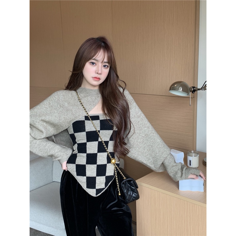 Set áo len chui đầu tay dài phối quần dài lưng cao phong cách Trung Hoa thời trang thu đông mới