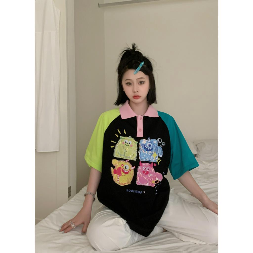 「 WELOVE1 」Áo Thun Cotton Tay Ngắn Raglan In Họa Tiết Hoạt Hình Màu Tương Phản Đa Năng Cho Nữ