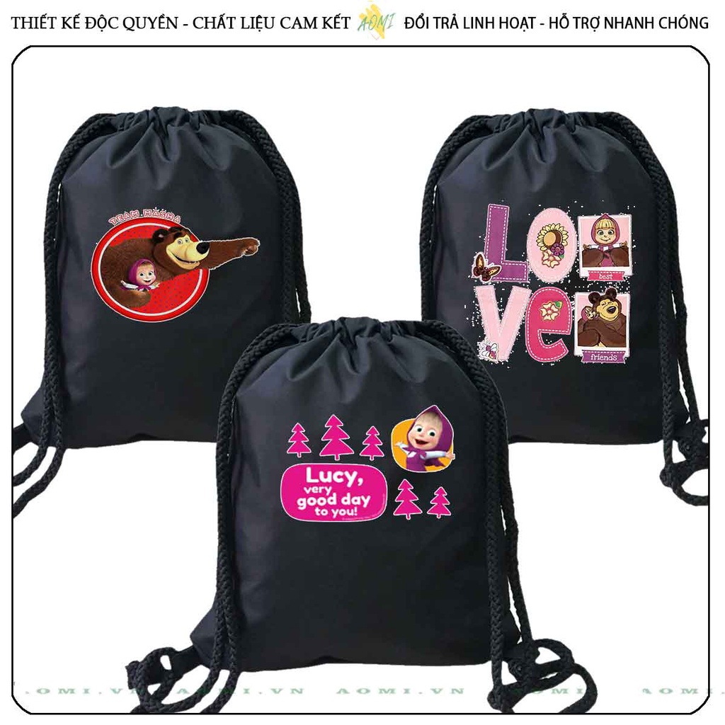 BALO MINI masha and bear AOMIVN DÂY RÚT ĐEO VAI 33x38cm NHỎ XINH UNISEX CHẤT CANVAS CUTE TIỆN ÍCH DU LỊCH DẠO PHỐ