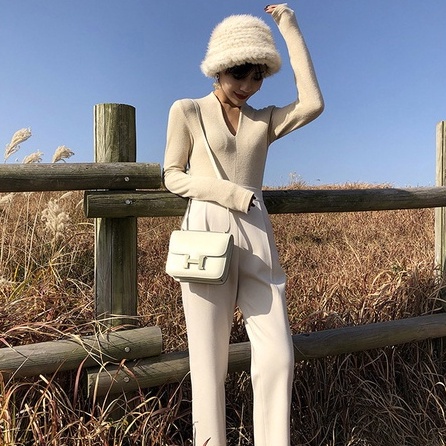 Áo sweater ZHELIHANGFEI dệt kim tay dài cổ chữ V phong cách phương Tây