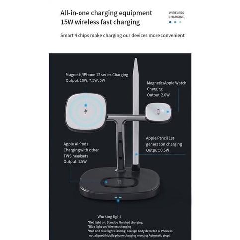 Dock sạc nhanh không dây 4 in 1 Wiwu power wireless charger điện thoại / đồng hồ / tai nghe / bút
