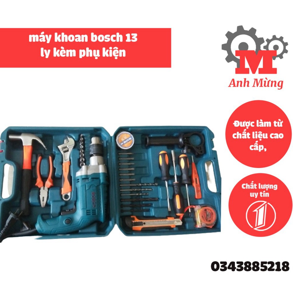 Máy khoan Bosch kèm phụ kiện đầy đủ, được thiết kế theo công nghệ và tiêu chuẩn kỹ thuật của Đức, mang lại hiệu cao