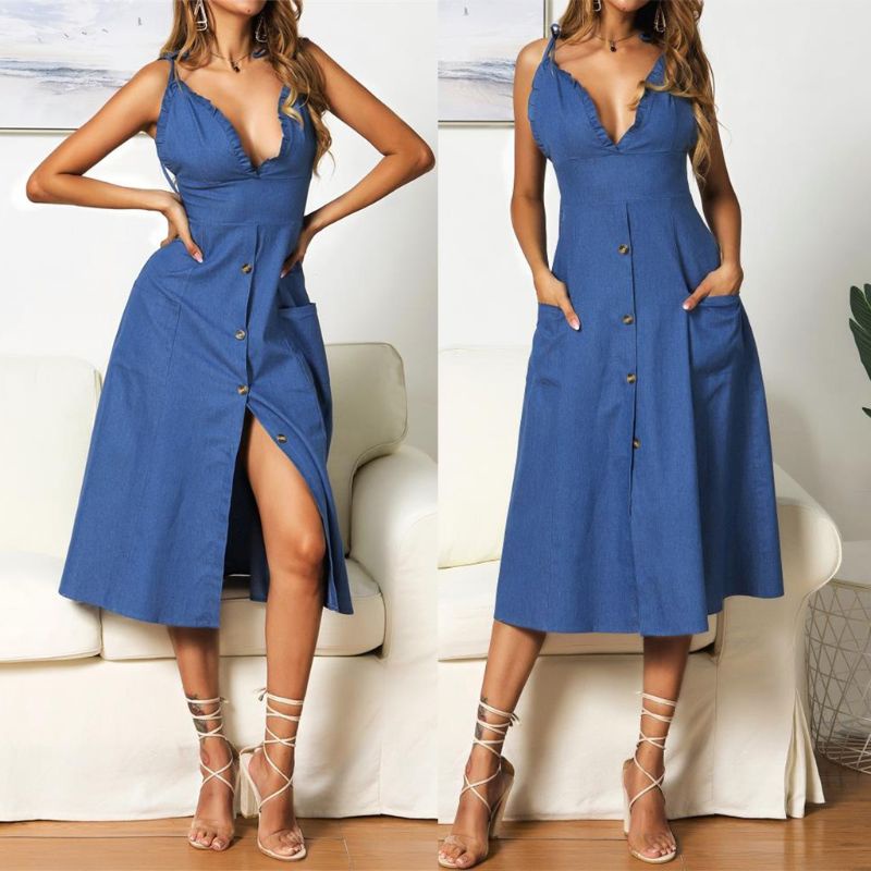 Xiangbao Đầm Midi Phối Bèo Nhún Cổ Chữ V Có Túi Phối Nút Thời Trang Đi Biển Mùa Hè Cho Nữ