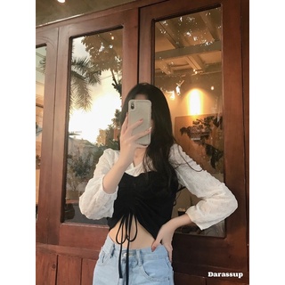 Croptop nhún dài tay có dây rút điều chỉnh trước ngực