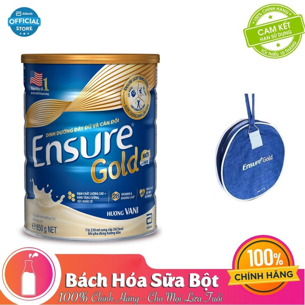 [Chính hãng] Sữa Bột Abbott Ensure Gold Hương Vani (850g) - Tặng túi trống Ensure (Date mới)